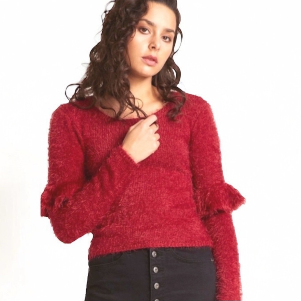 JACK X BB DAKOTA Red Maroon Eyelash Knit Sweater MEDIUM Ruffle Cozy Soft